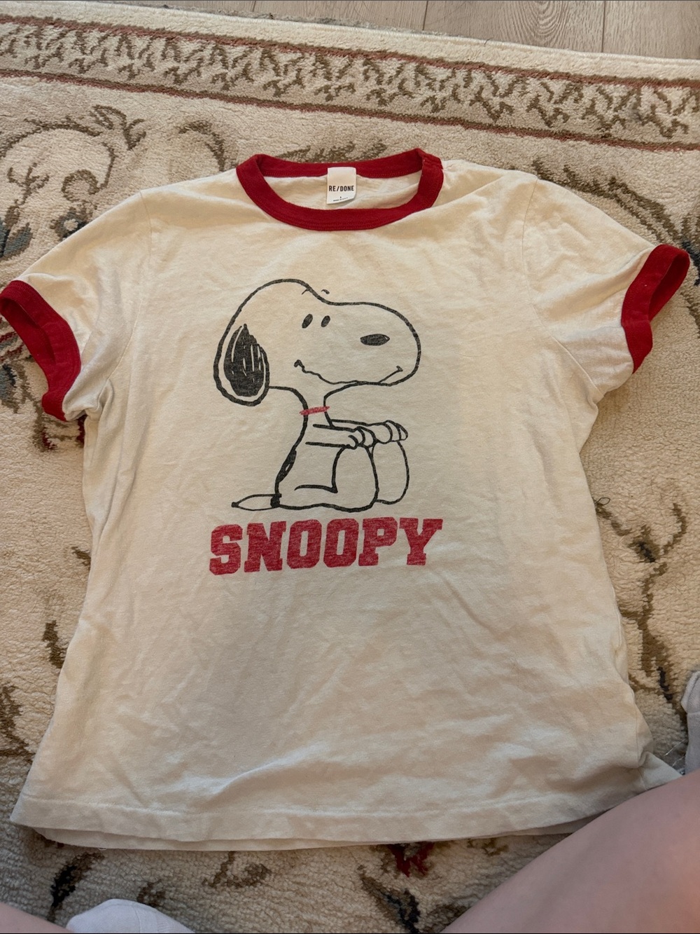Snoopy Graphic Tee - Cream with Red Trim Re/Done